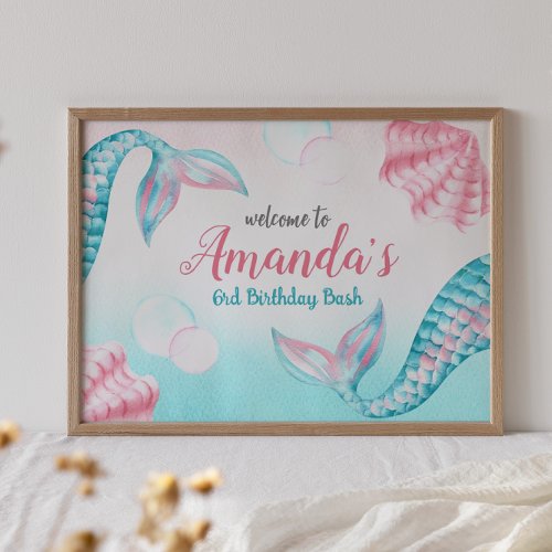 Mermaid watercolor Birthday Welcome Sign