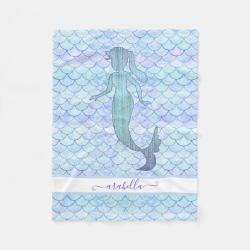 Mermaid Watercolor Blue Fish Scale Pattern Name Fleece Blanket