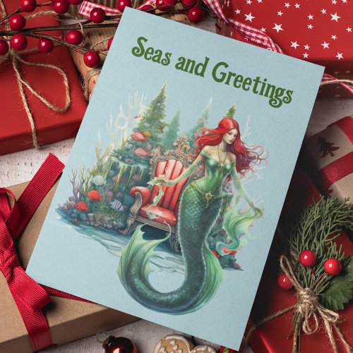 Mermaid Watercolor Christmas Seas and Greetings Holiday Card