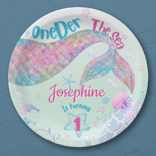 Mermaid watercolor first birthday paper plates