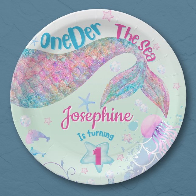 Mermaid watercolor first birthday paper plates (Creator Uploaded)
