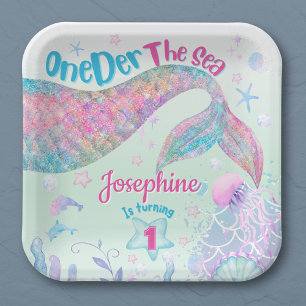 Mermaid watercolor first birthday square paper plates