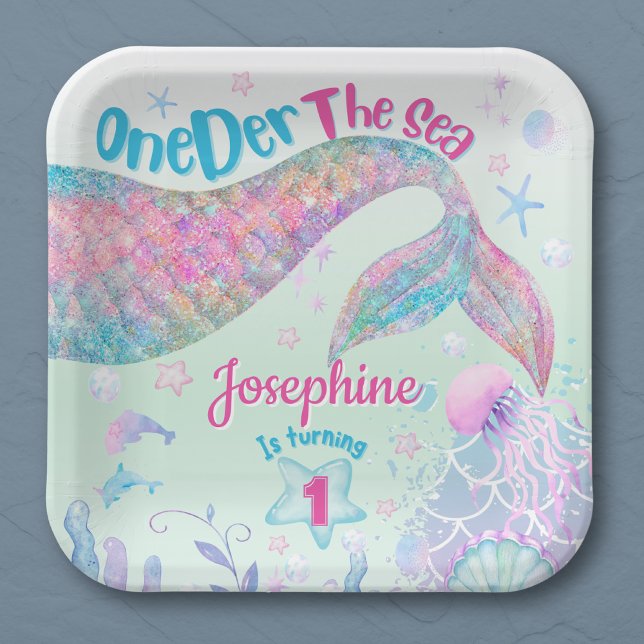 Mermaid watercolor first birthday square paper plates (Creator Uploaded)