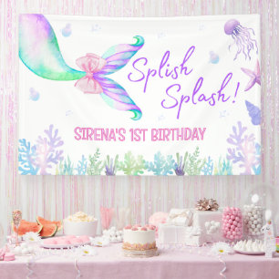 Mermaid Watercolor Girl first Birthday Backdrop Banner