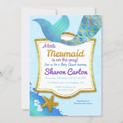 Mermaid Watercolor Gold Baby Shower Invitation
