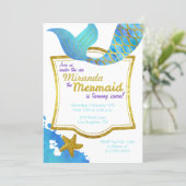 Mermaid Watercolor Gold Birthday Invitation (Standing Front)
