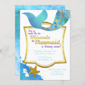 Mermaid Watercolor Gold Birthday Invitation (Front/Back)