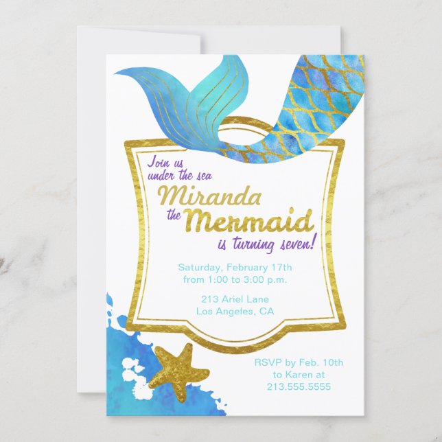 Mermaid Watercolor Gold Birthday Invitation (Front)