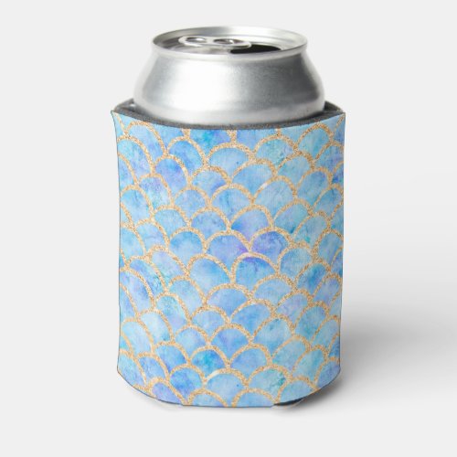 Mermaid watercolor gold glitter scales pattern can cooler