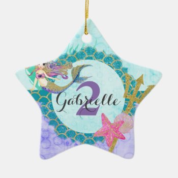 Mermaid Watercolor Name & Age Baby Girl Birthday Ceramic Ornament by ClipartBrat at Zazzle