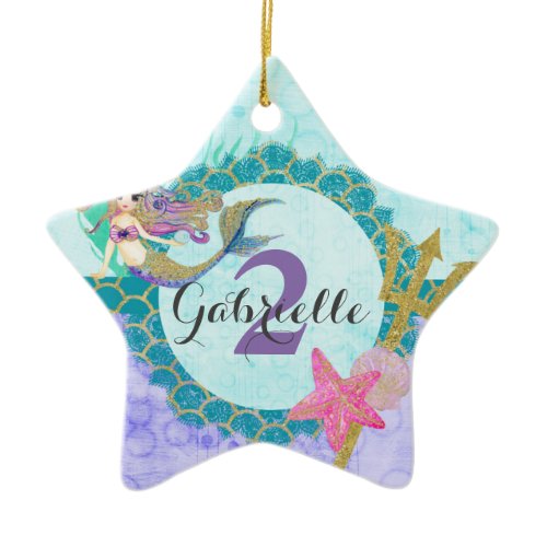 Mermaid Watercolor Name &amp; Age Baby Girl Birthday Ceramic Ornament
