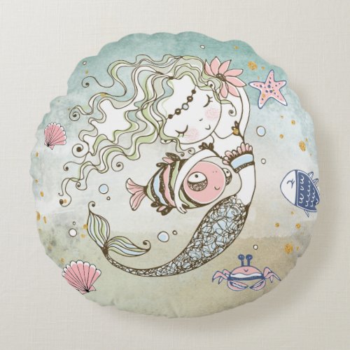 Mermaid Watercolor Nursery Round Pillow