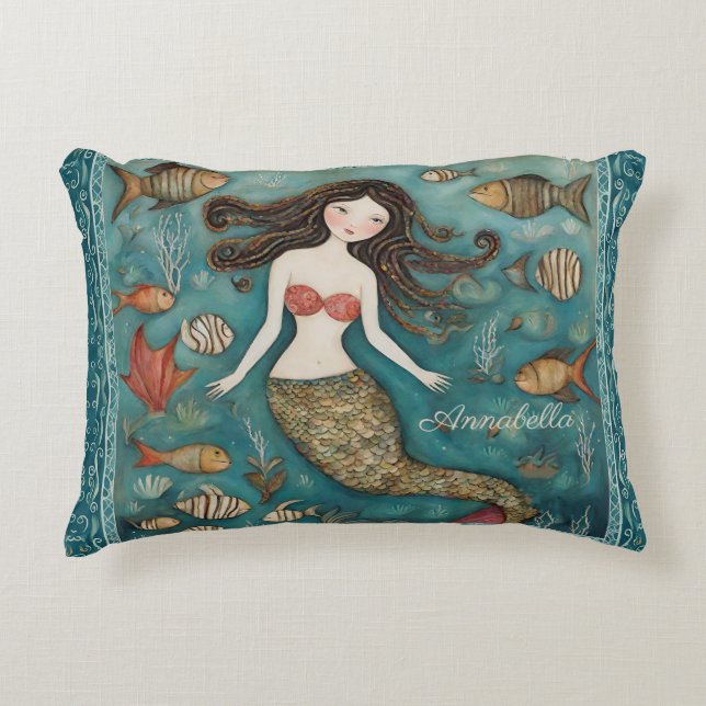 Mermaid Watercolor Personalized Accent Pillow (Front)