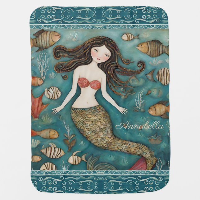 Mermaid Watercolor Personalized Baby Blanket (Front)