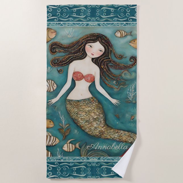 Mermaid Watercolor Personalized Beach Towel (Front)