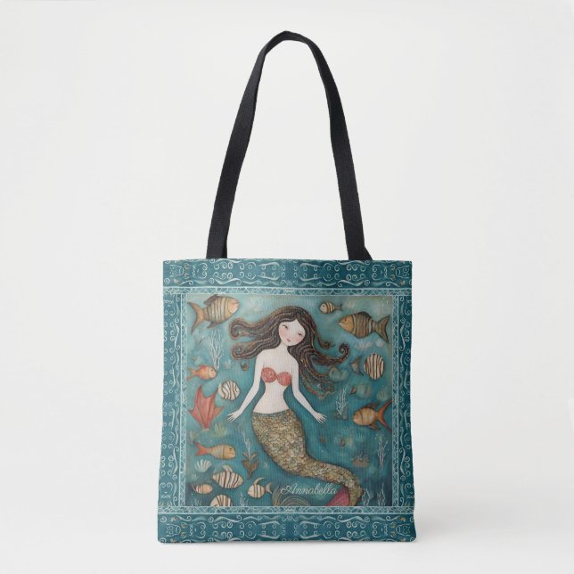 Mermaid Watercolor Personalized Tote Bag (Front)