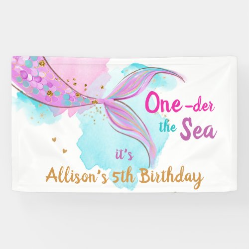 Mermaid Watercolor Pink Girl Birthday Backdrop Ban