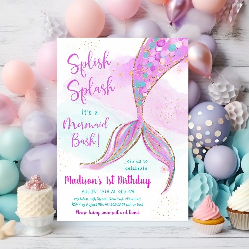 Mermaid Watercolor Pink Purple Birthday Invitation