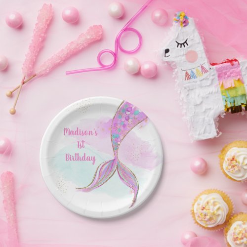 Mermaid Watercolor Pink Purple Birthday Paper Plates