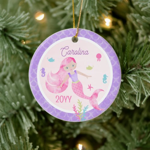 Mermaid Watercolor Pink &amp; Purple Keepsake Ceramic Ornament