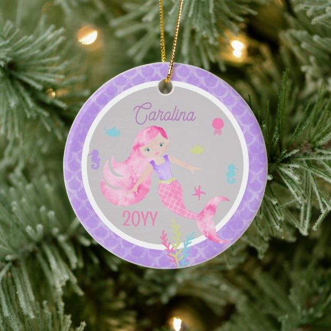 Mermaid Watercolor Pink & Purple Keepsake Ceramic Ornament (Tree)