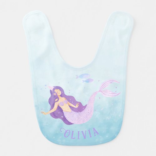 Mermaid Watercolor Purple Cute Girl Birthday  Baby Bib