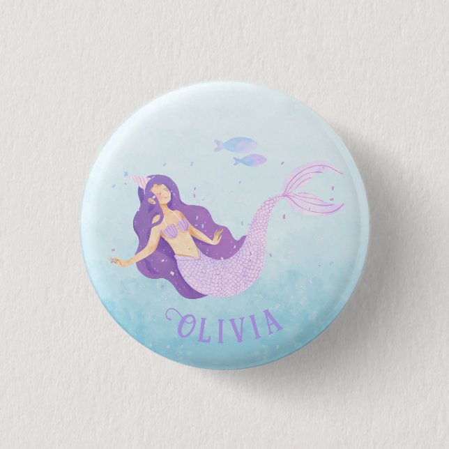 Mermaid Watercolor Purple Cute Girl Birthday  Button (Front)