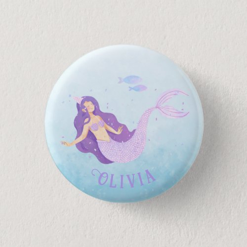 Mermaid Watercolor Purple Cute Girl Birthday  Button