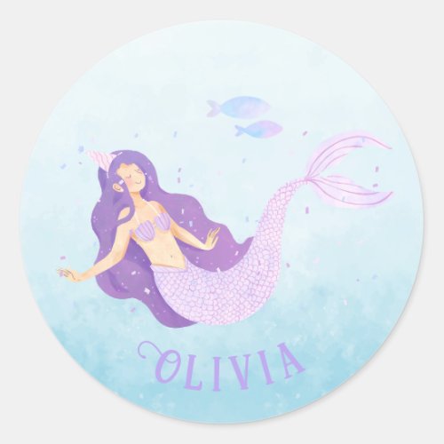 Mermaid Watercolor Purple Cute Girl Birthday  Classic Round Sticker