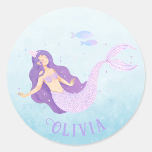 Mermaid Watercolor Purple Cute Girl Birthday  Classic Round Sticker