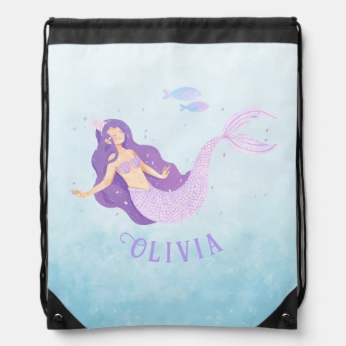 Mermaid Watercolor Purple Cute Girl Birthday  Drawstring Bag