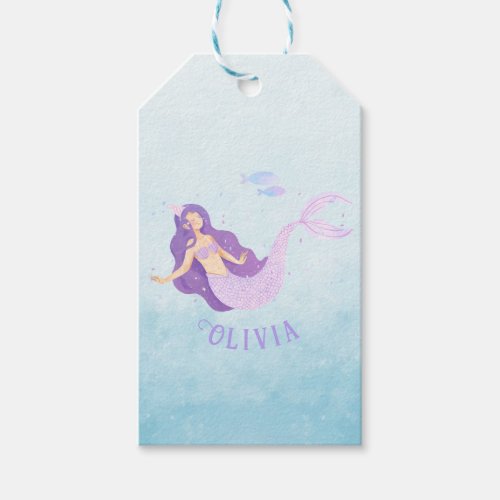 Mermaid Watercolor Purple Cute Girl Birthday  Gift Tags