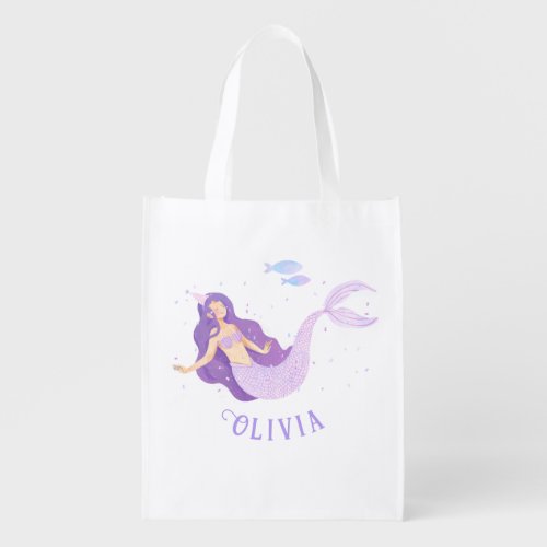 Mermaid Watercolor Purple Cute Girl Birthday  Grocery Bag