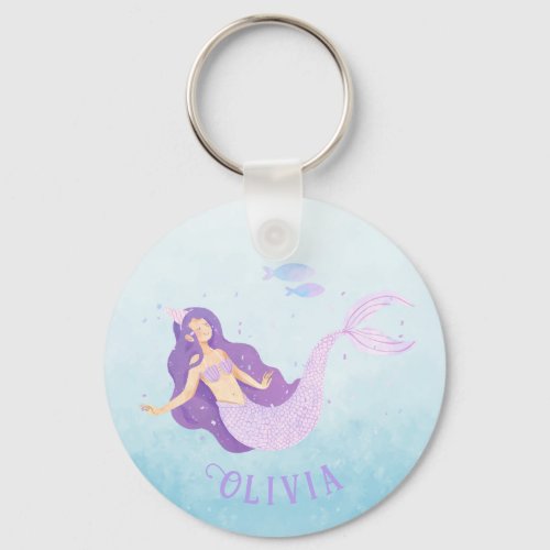 Mermaid Watercolor Purple Cute Girl Birthday  Keychain