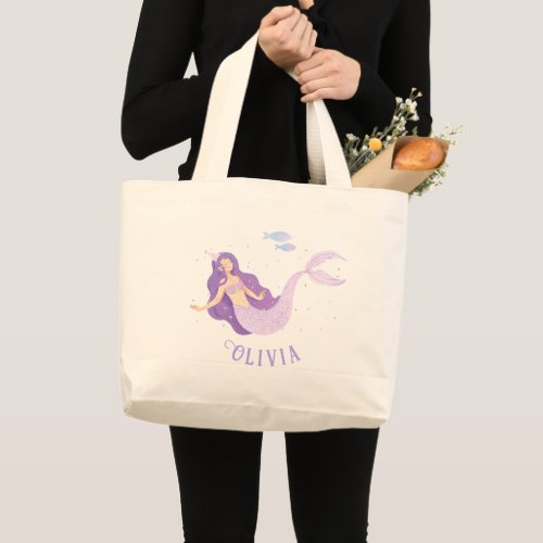 Mermaid Watercolor Purple Cute Girl Birthday  Large Tote Bag