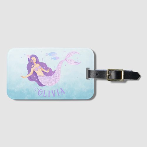 Mermaid Watercolor Purple Cute Girl Birthday  Luggage Tag