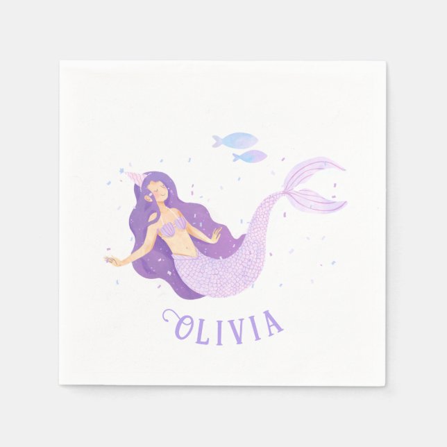 Mermaid Watercolor Purple Cute Girl Birthday  Napkins (Front)