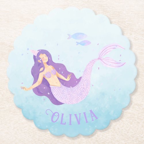 Mermaid Watercolor Purple Cute Girl Birthday  Paper Coaster