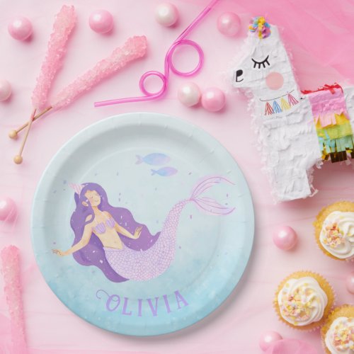 Mermaid Watercolor Purple Cute Girl Birthday  Paper Plates