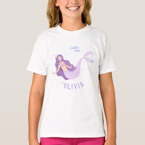 Mermaid Watercolor Purple Cute Girl Birthday  T_Shirt