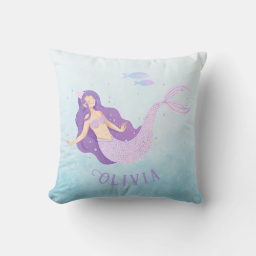 Mermaid Watercolor Purple Cute Girl Birthday  Throw Pillow