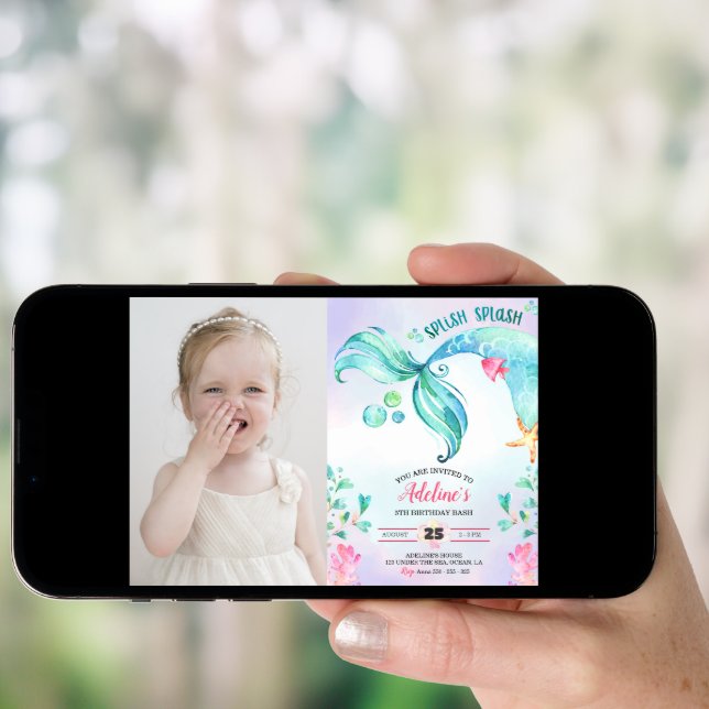 Mermaid Watercolor Splish Splash Birthday Photo Invitation (Front Digital)