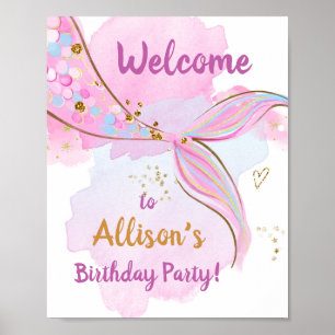 Mermaid Watercolor Tail Pink Girl Birthday Welcome Poster
