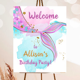 Mermaid Watercolor Tail Pink Girl Birthday Welcome Poster