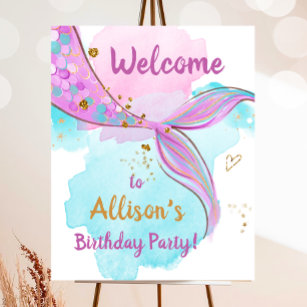 Mermaid Watercolor Tail Pink Girl Birthday Welcome Poster