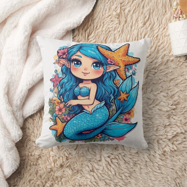 mermaid Watercolor  Throw Pillow (Blanket)
