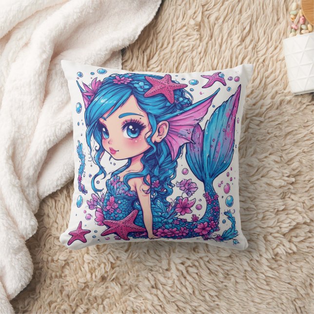 mermaid Watercolor  Throw Pillow (Blanket)