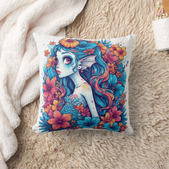 mermaid Watercolor  Throw Pillow (Blanket)