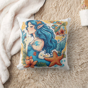 mermaid Watercolor Throw Pillow