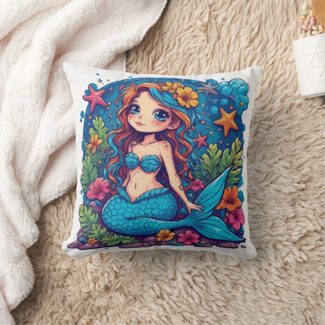 mermaid Watercolor  Throw Pillow (Blanket)